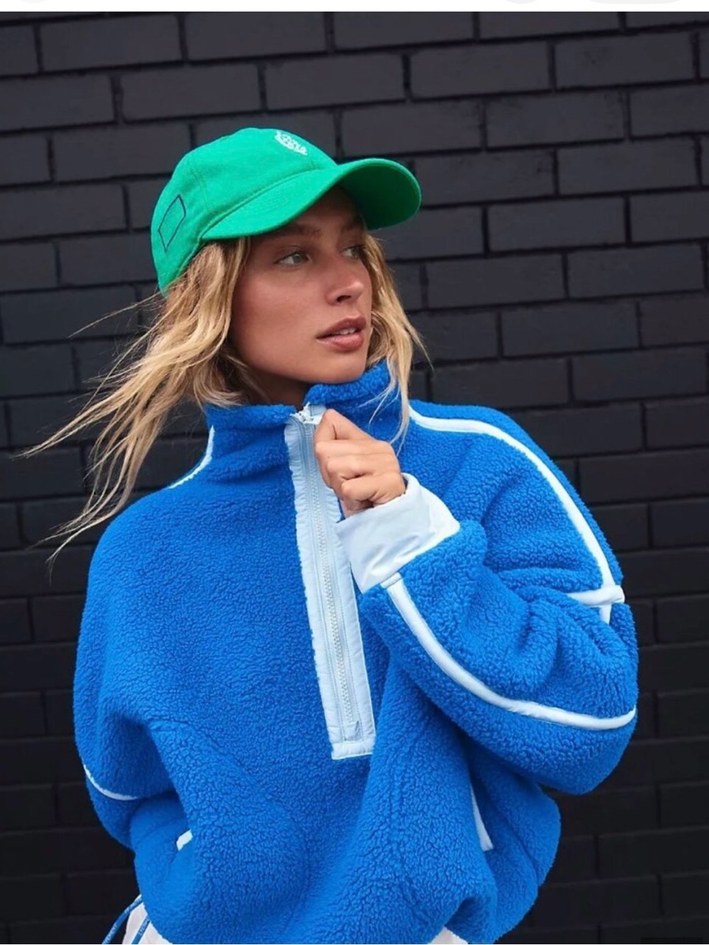 FP Movement by Free People Electric Blue Sherpa Half-Zip Jacket with White Trim